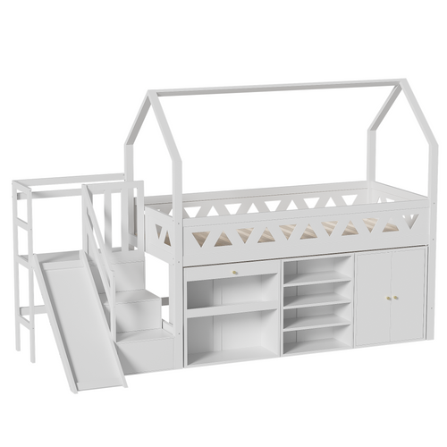 Lit Mezzanine 90 X 200 Cm-lit Simple, Lit Enfant Avec Toboggan Et Escalier-bois Massif-blanc