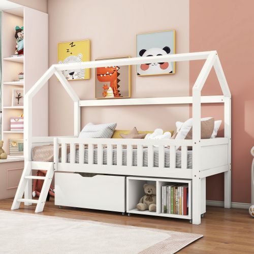 Lit Mezzanine 90 X 200 Cm-lit Enfant Avec Barrière Anti-avec Tiroirs Et Rangements-bois Massif-blanc
