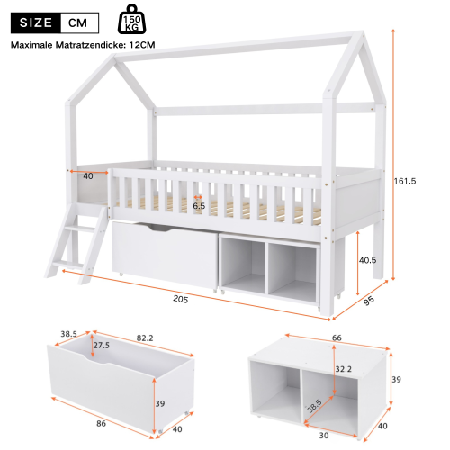 Lit Mezzanine 90 X 200 Cm-lit Enfant Avec Barrière Anti-avec Tiroirs Et Rangements-bois Massif-blanc