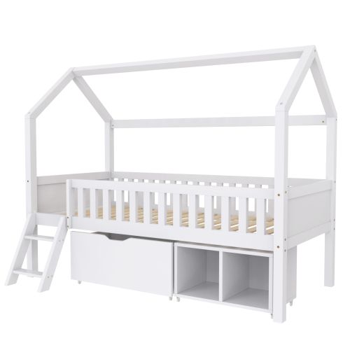 Lit Mezzanine 90 X 200 Cm-lit Enfant Avec Barrière Anti-avec Tiroirs Et Rangements-bois Massif-blanc
