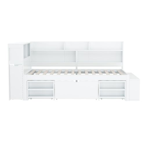 Lit Enfant 90 X 200 Cm - Avec Tiroirs  - Bibliothèque Et Armoire De Rangement - Blanc