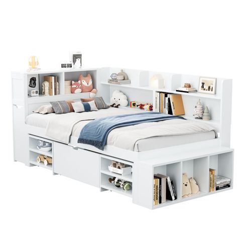 Lit Enfant 90 X 200 Cm - Avec Tiroirs  - Bibliothèque Et Armoire De Rangement - Blanc