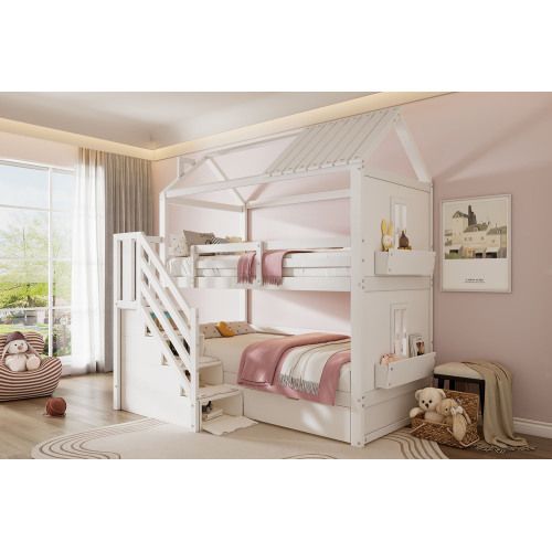 Lit Superposé 90 X 200 Cm-avec Escalier De Rangement-lit Enfant Multifonctionnel-pin + Mdf-blanc