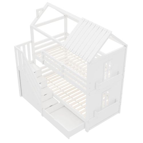 Lit Superposé 90 X 200 Cm-avec Escalier De Rangement-lit Enfant Multifonctionnel-pin + Mdf-blanc