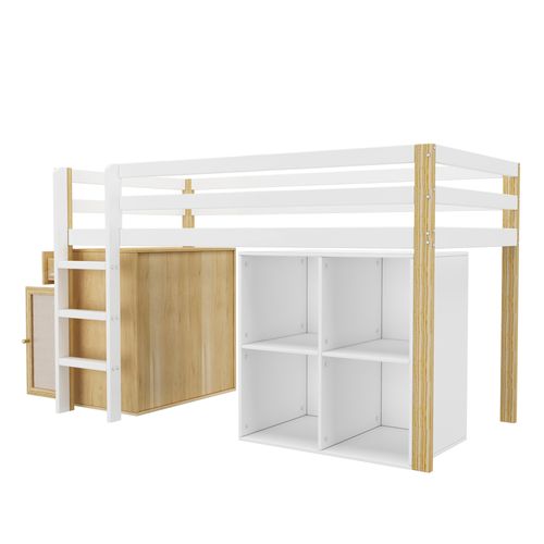 Lit Mezzanine Enfant 90 X 200 Cm-avec 2 Rangements Et Échelle-lit Enfant Simple-naturel + Blanc