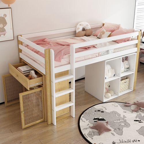 Lit Mezzanine Enfant 90 X 200 Cm-avec 2 Rangements Et Échelle-lit Enfant Simple-naturel + Blanc