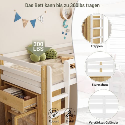 Lit Mezzanine Enfant 90 X 200 Cm-avec 2 Rangements Et Échelle-lit Enfant Simple-naturel + Blanc