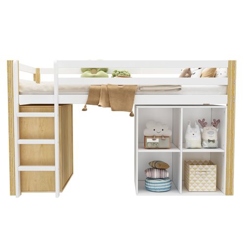 Lit Mezzanine Enfant 90 X 200 Cm-avec 2 Rangements Et Échelle-lit Enfant Simple-naturel + Blanc