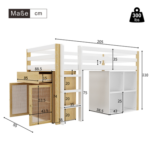 Lit Mezzanine Enfant 90 X 200 Cm-avec 2 Rangements Et Échelle-lit Enfant Simple-naturel + Blanc