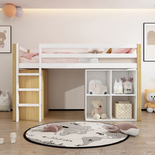 Lit Mezzanine Enfant 90 X 200 Cm-avec 2 Rangements Et Échelle-lit Enfant Simple-naturel + Blanc