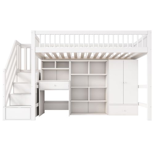 Lit Mezzanine  90 X 200 cm-Avec 2 Rangements et Échelle-Lit Enfant Simple-Naturel + Blanc