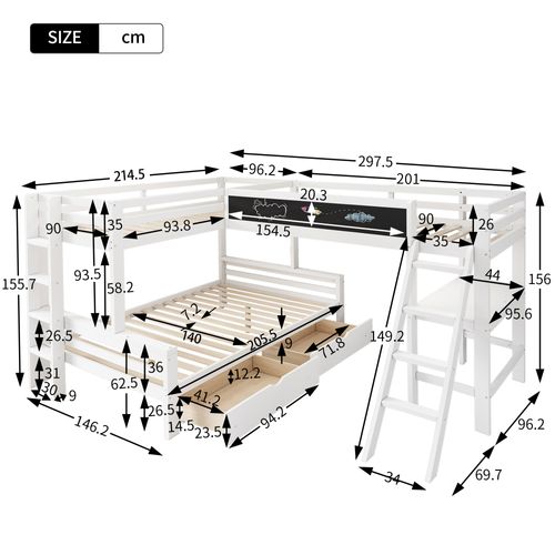 Lit Superposé 90 X 200 Cm-dispose De Tiroirs De Rangement-lit Enfant Multifonctionnel-en Pin-blanc
