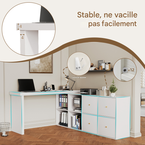 Bureau D'angle Avec 4 Tiroirs - Bureau Réversible - Table Multiposition 120×48×78 cm - Blanc