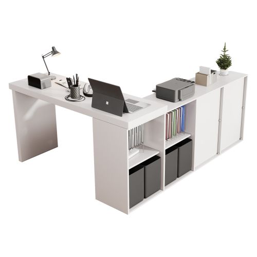 Bureau D'angle Avec 4 Tiroirs - Bureau Réversible - Table Multiposition 120×48×78 cm - Blanc