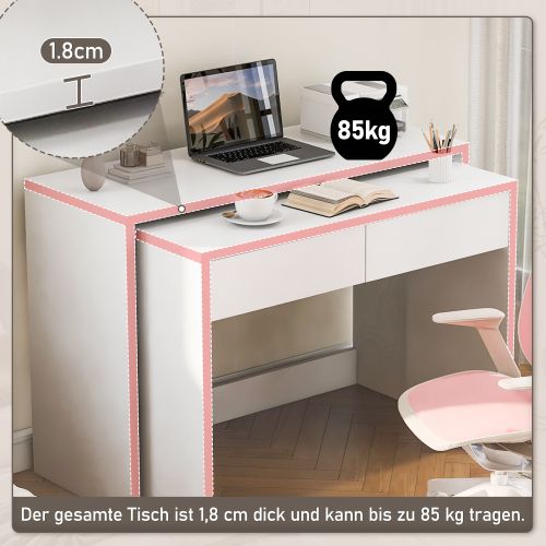 Bureau Avec 2 Tiroirs - Bureau Droit - Bureau Mobile -extensible - 120×48×78 cm - Blanc