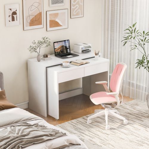 Bureau Avec 2 Tiroirs - Bureau Droit - Bureau Mobile -extensible - 120×48×78 cm - Blanc