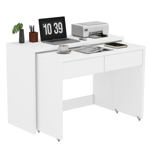 Bureau Avec 2 Tiroirs - Bureau Droit - Bureau Mobile -extensible - 120×48×78 cm - Blanc
