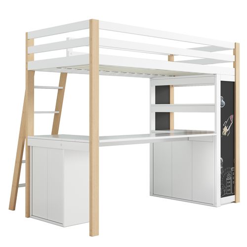 Lit Mezzanine  90 X 200 Cm-avec 2 Rangements Et Échelle-lit Enfant Simple-naturel - Blanc