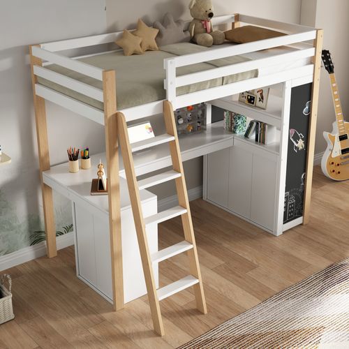 Lit Mezzanine  90 X 200 Cm-avec 2 Rangements Et Échelle-lit Enfant Simple-naturel - Blanc