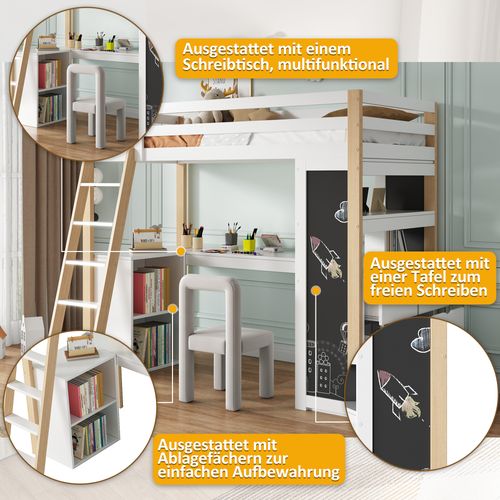 Lit Mezzanine  90 X 200 Cm-avec 2 Rangements Et Échelle-lit Enfant Simple-naturel - Blanc