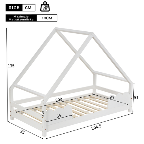 Lit Cabane 90x200 Cm En Bois Massif - Blanc