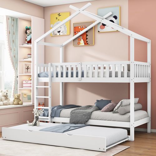 Lit Superposé 90 X 200 Cm-trois Lits, Gigogn-lit Enfant Multifonctionnel-bois Massif -blanc