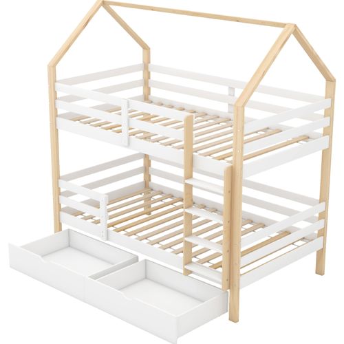 Lit Superposé 90 X 200 Cm-lit Cabane Avec Grands Tiroirs-lit Enfant Multifonctionnel-en Pin-blanc