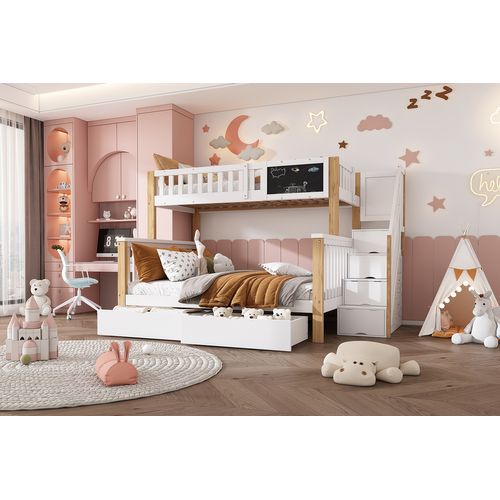 Lit Superposé-lit Enfant Avec 2 Tiroirs -lit Double-en Bois-90x200cm Et 140x200cm-blanc Et Bois