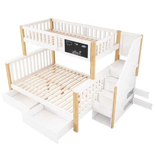 Lit Superposé-lit Enfant Avec 2 Tiroirs -lit Double-en Bois-90x200cm Et 140x200cm-blanc Et Bois