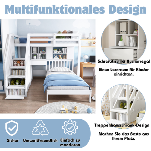 Lit Superposé 90 X 200 Cm-lit Enfant-vec Bureau Et Étagères-fonction Rangement-en Pin-blanc