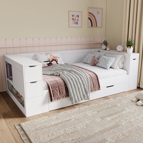 Lit Enfant 90 X 200 Cm-avec Table De Chevet,espace De Rangement-lit Simple-blanc