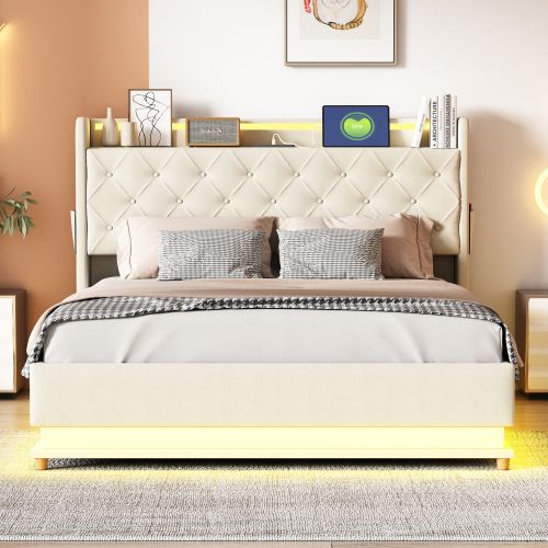 Lit Rembourré LED 140*200cm-lit Doubleavec Port De Charge USB-hydraulique-lit Adulte-beige