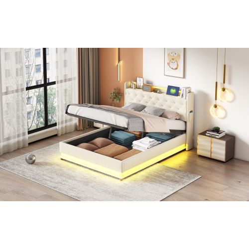 Lit Rembourré LED 140*200cm-lit Doubleavec Port De Charge USB-hydraulique-lit Adulte-beige