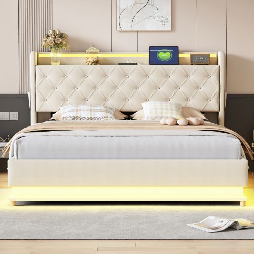 Lit Rembourré LED 160*200cm-lit Double Avec Port De Charge USB-hydraulique-lit Adulte-beige