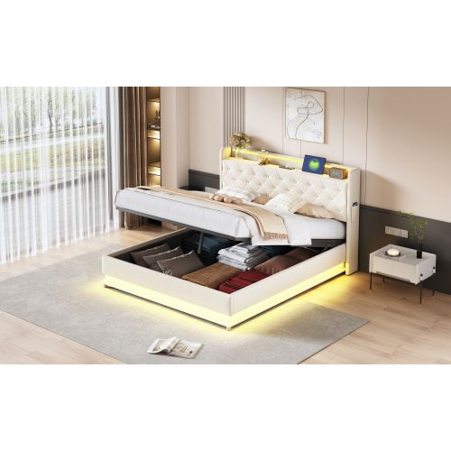 Lit Rembourré LED 160*200cm-lit Double Avec Port De Charge USB-hydraulique-lit Adulte-beige