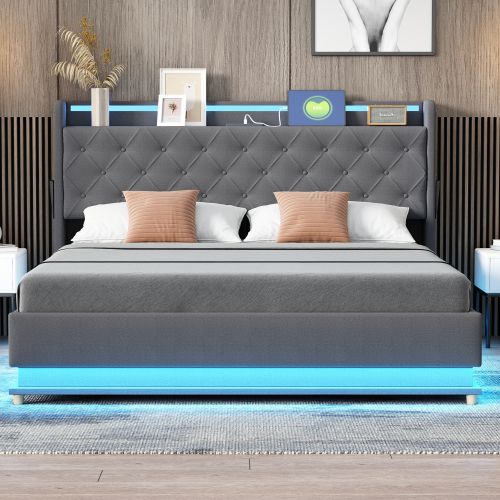 Lit Rembourré LED 160*200cm-lit Double Avec Port De Charge USB-hydraulique-lit Adulte-gris