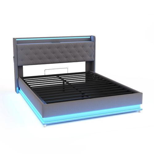 Lit Rembourré LED 160*200cm-lit Double Avec Port De Charge USB-hydraulique-lit Adulte-gris