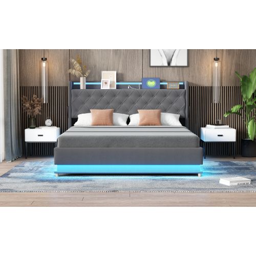 Lit Rembourré LED 160*200cm-lit Double Avec Port De Charge USB-hydraulique-lit Adulte-gris
