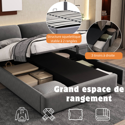 Lit Double 140*190cm-sommier Hydraulique-rangement-3 Tiroirs-lit Adulte-en Velours-gris