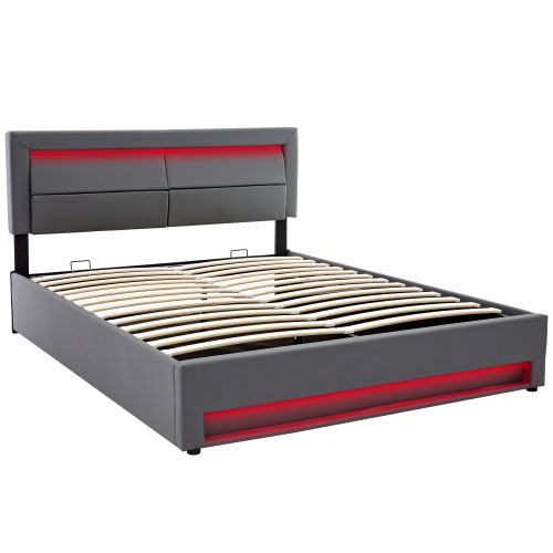 Lit Rembourré 160x200cm-avec Port USB(chargement Sans Fil)-avec Éclairage LED Et Rangement-pu-gris