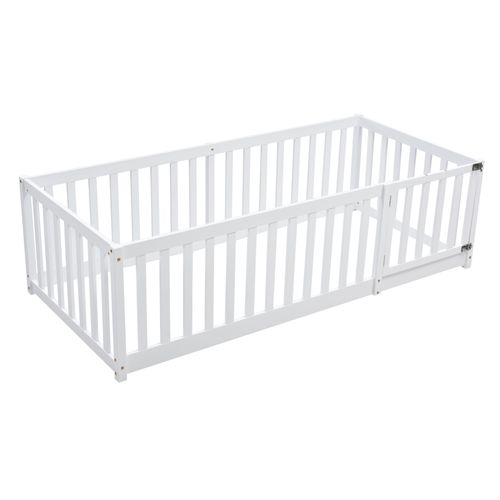 Lit Enfant 90x200 Cm - Cadre Bois Avec Barrière Et Porte De Sécurité - Blanc