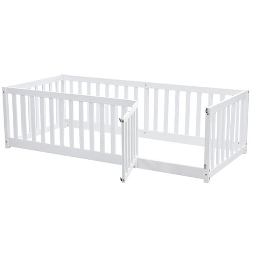Lit Enfant 90x200 Cm - Cadre Bois Avec Barrière Et Porte De Sécurité - Blanc