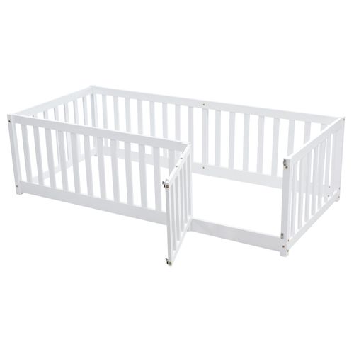 Lit Enfant 90x200 Cm - Cadre Bois Avec Barrière Et Porte De Sécurité - Blanc