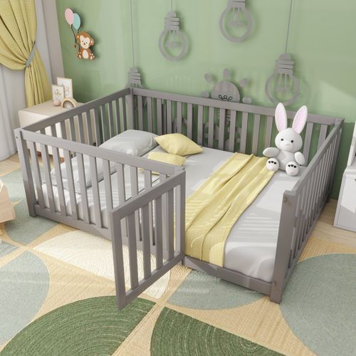 Lit Enfant 140x200 Cm - Cadre Bois Avec Barrière Et Porte De Sécurité - Gris