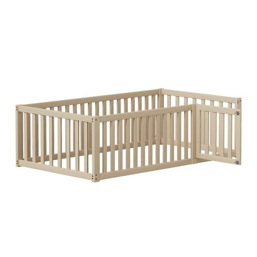 Lit Enfant 90x200 Cm - Cadre Bois Avec Barrière Et Porte De Sécurité