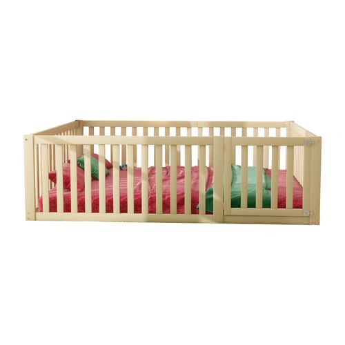 Lit Enfant 140x200 Cm - Cadre Bois Avec Barrière Et Porte - Couleur Bois Naturel