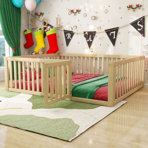Lit Enfant 140x200 Cm - Cadre Bois Avec Barrière Et Porte - Couleur Bois Naturel