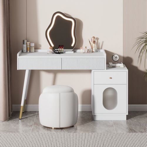 Coiffeuse Avec Miroir LED - Blanc-2 Tiroirs Et D'un Compartiment De Rangement Séparé - Sans Tabouret