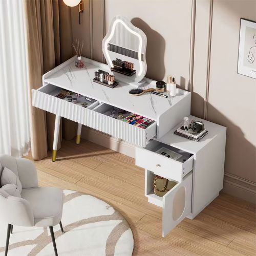 Coiffeuse Avec Miroir LED - Blanc-2 Tiroirs Et D'un Compartiment De Rangement Séparé - Sans Tabouret