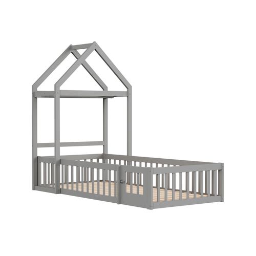 Lit Enfant 90x200 Cm - Bois Massif, Barrière Intégrale, Rangement, Porte - Gris